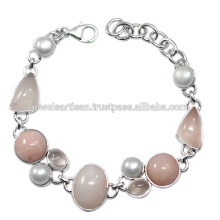 Pink Opal And Rose Quartz With Pearl Gemstone 925 Solid Silver Bracelet